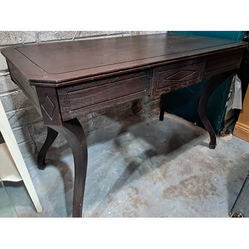 53 - Oak Side Table with 3 Drawers on In-swept Legs (62cm x 120cm x 76cm)