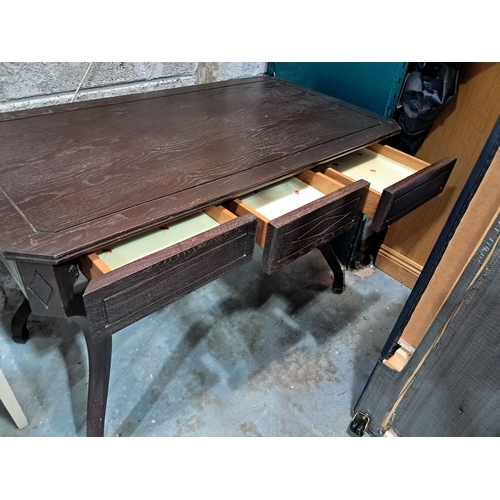 53 - Oak Side Table with 3 Drawers on In-swept Legs (62cm x 120cm x 76cm)