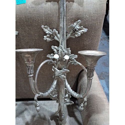 86 - Pair of Decorative White Metal Wall Mounted Candelabra (68cm Long)