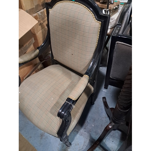 348 - Good quality Ebonised Armchair with Tartan Fabric Upholstery