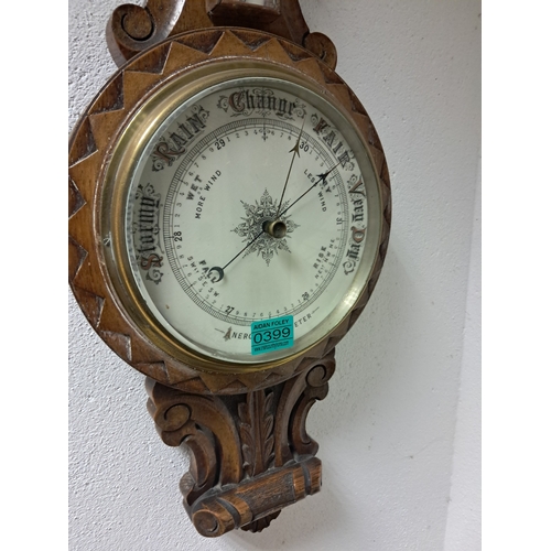 399 - Edwardian Carved Oak Barometer - seems to be working (88cm Long)