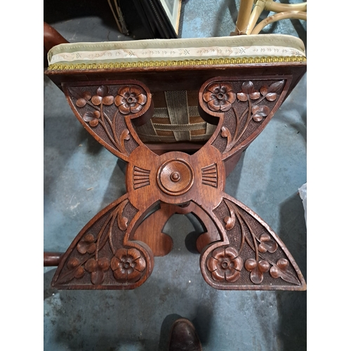 433 - Walnut Stool with carved X Frame base (60cm x 50cm x 45cm)