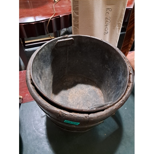 435 - Antique Coopered Brass Bound Bucket (26cm Tall)