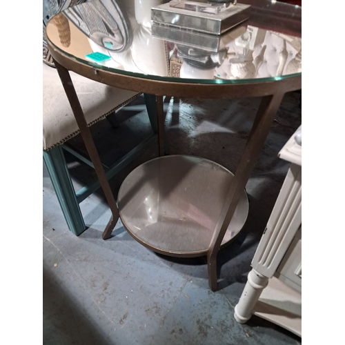 445 - Art Deco Style Occasional Table with Mirror Glass Top on Metal Base together with a Table Lamp