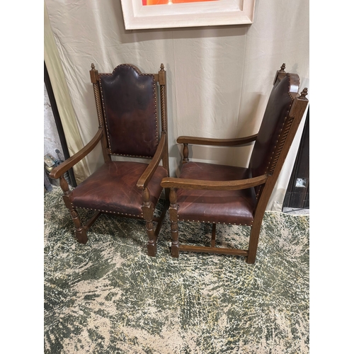 10 - Pair of Carved Oak Library Chairs with Brown Leather