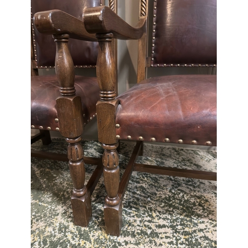 10 - Pair of Carved Oak Library Chairs with Brown Leather