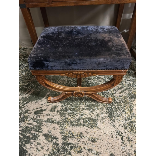 14 - 19th Century French Style Upholstered Stool on Carved X Frame base