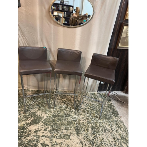 18 - Set of 3 Faux Brown Leather and Chrome High Stools