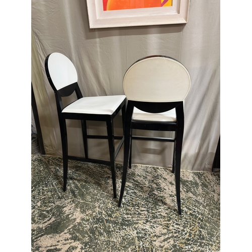 32 - Pair of Designer High Stools, Cream Leather and Black Wood