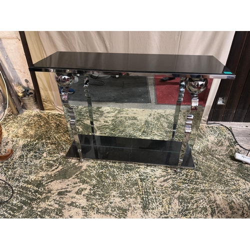 36 - Decorative Chrome & Mirror Glass Consul Table with Black Fleck Marble Top also Granite Base 