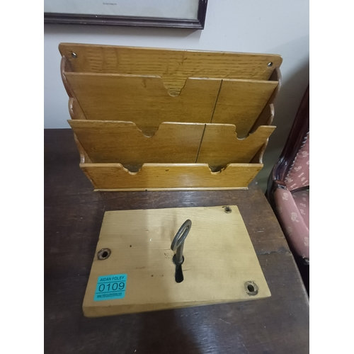 109 - Vintage Oak Letter Rack together with an Old Lock and Key
