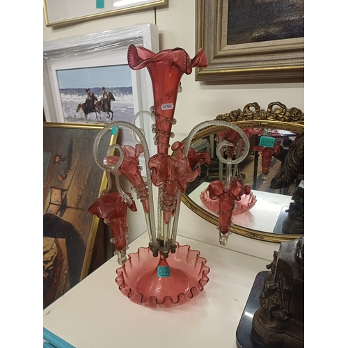 40 - Victorian Cranberry Glass Epergne (missing one basket)