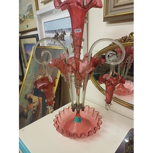 40 - Victorian Cranberry Glass Epergne (missing one basket)