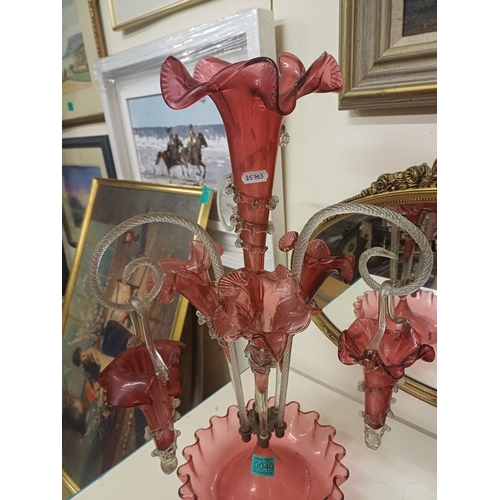 40 - Victorian Cranberry Glass Epergne (missing one basket)