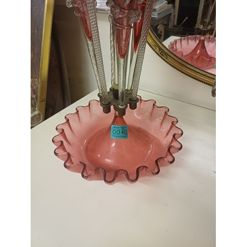 40 - Victorian Cranberry Glass Epergne (missing one basket)