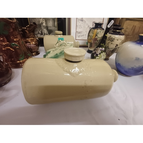 81 - Two Ironstone Water Bottles and a Pottery Butter Dish