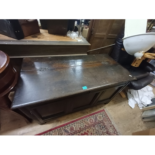 219 - Georgian Oak 3 Panel Coffer with Candlebox (hinges need replacing)