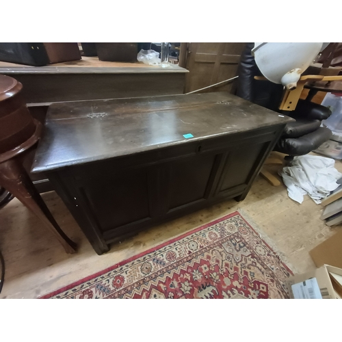 219 - Georgian Oak 3 Panel Coffer with Candlebox (hinges need replacing)