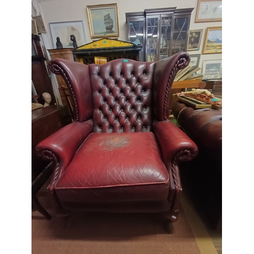 159 - Chesterfield Ox Blood Wing Back Armchair (needs a little attention)