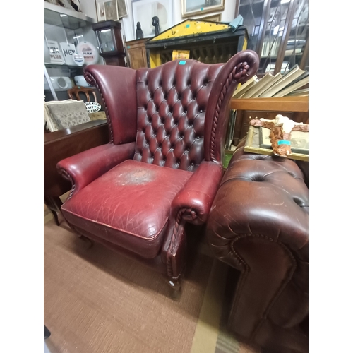 159 - Chesterfield Ox Blood Wing Back Armchair (needs a little attention)