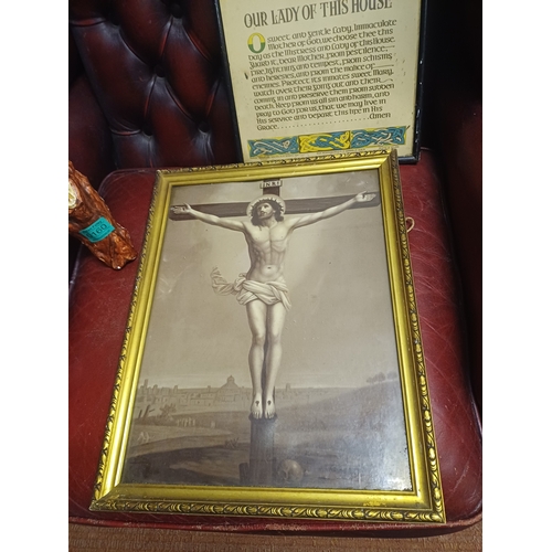 160 - Pottery Crucifix (53cm Long) together with 2 Religious Prints