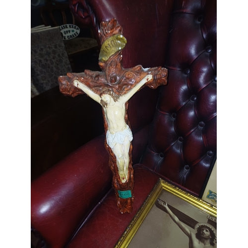160 - Pottery Crucifix (53cm Long) together with 2 Religious Prints
