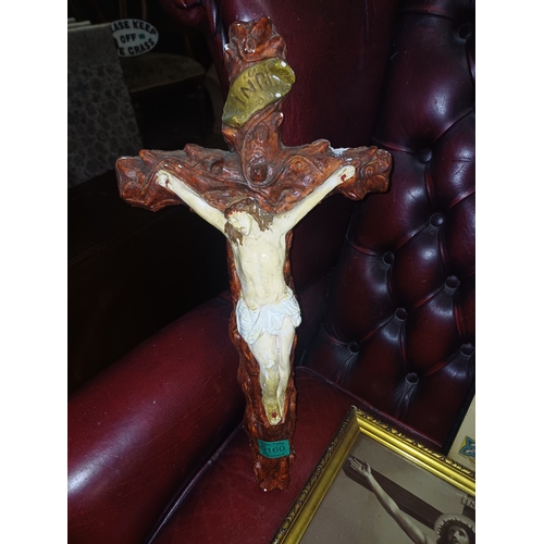 160 - Pottery Crucifix (53cm Long) together with 2 Religious Prints