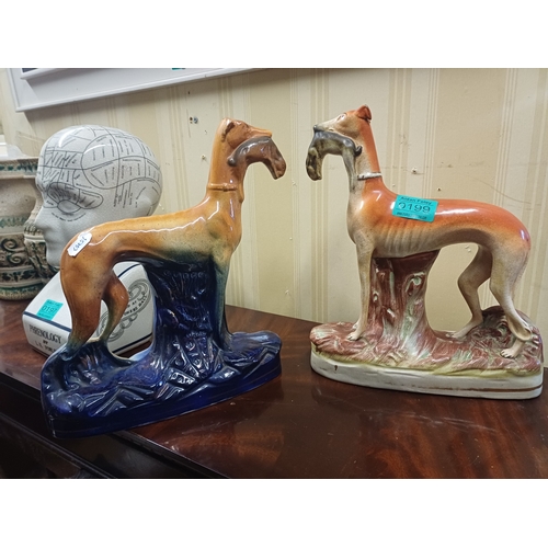 199 - 2 x 19th Century Staffordshire Pottery Greyhound Figures (Taller 30cm)