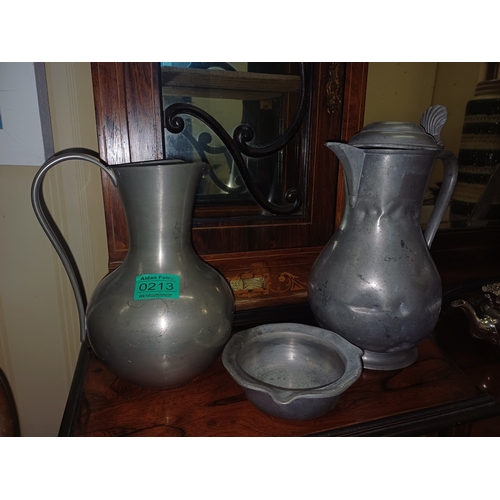 213 - Two Large Pewter Vessels and a small Pewter Dish