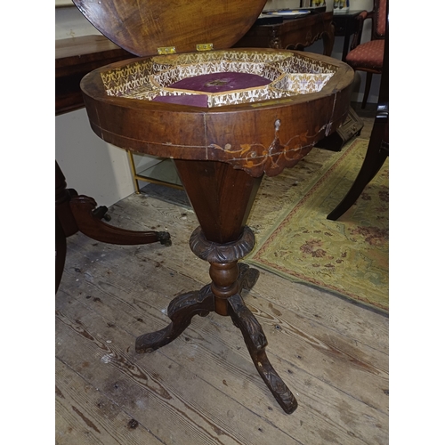 251 - Victorian Inlaid Walnut Trumpet Sewing Table with Games Board Top