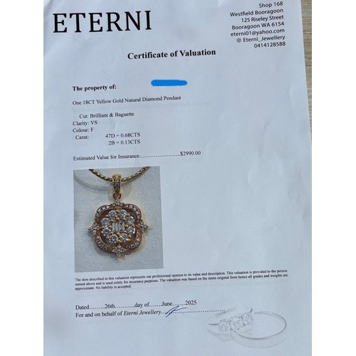228 - 18 Ct Yellow Gold Natural Diamonds pendant. F colour & VS clarity
47 Diamonds = 0.68 CTs
2 Baguette ... 
