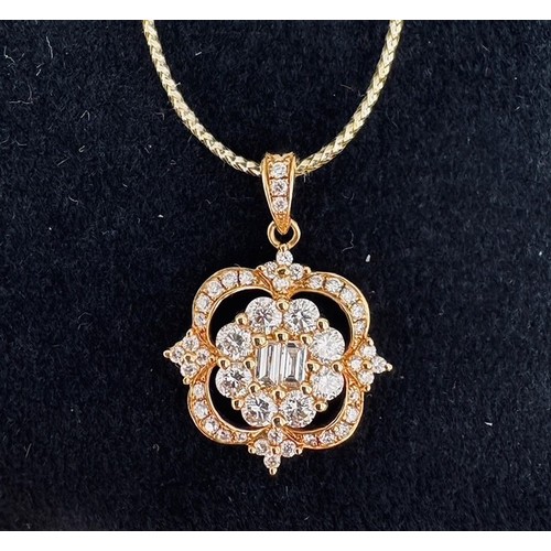 228 - 18 Ct Yellow Gold Natural Diamonds pendant. F colour & VS clarity
47 Diamonds = 0.68 CTs
2 Baguette ... 