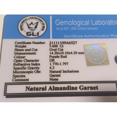 225 - Natural Oval Cut Almadine Garnet, 5.6 ct with GLI Cert