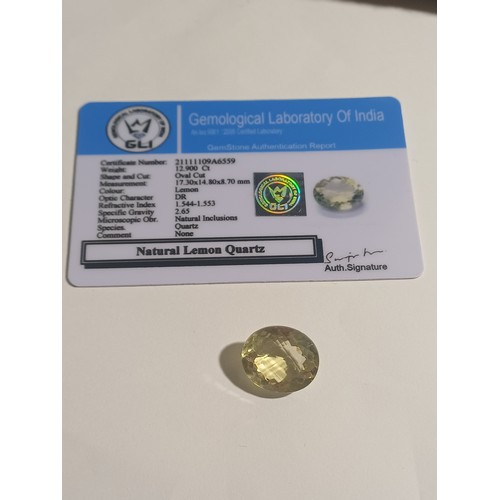 226 - Natural Oval Cut Lemon Quartz. 12.9 ct with GLI Cert