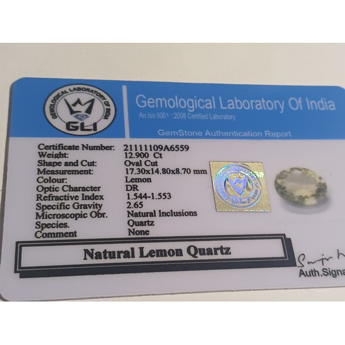 226 - Natural Oval Cut Lemon Quartz. 12.9 ct with GLI Cert