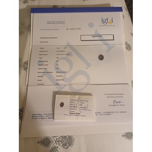 227 - Natural Oval Cabochon Ruby Gemstone. 17.56 ct.  IGI & I Report