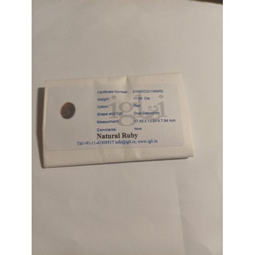 227 - Natural Oval Cabochon Ruby Gemstone. 17.56 ct.  IGI & I Report