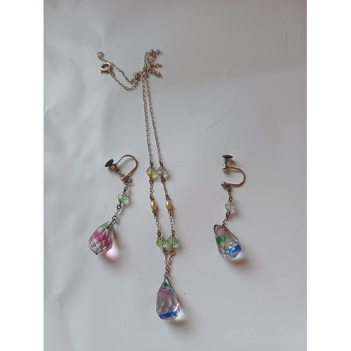 230 - Vintage Art Deco Rainbow Iris faceted Glass Drop Necklace and matching screw back Earrings