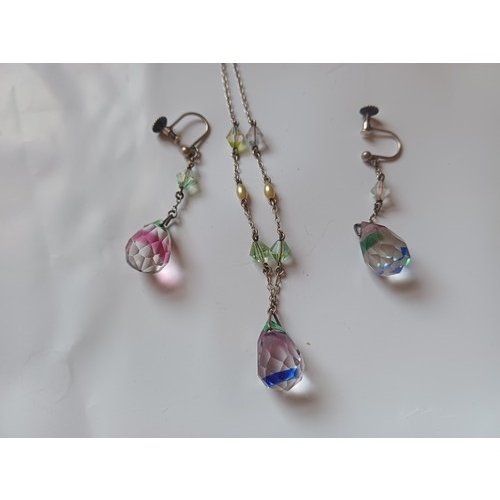 230 - Vintage Art Deco Rainbow Iris faceted Glass Drop Necklace and matching screw back Earrings