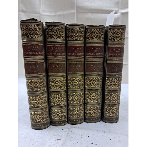 65 - The Works of Edmund Spencer (5 Vols) - lovely bindings of contemporary full blue calf with red and b... 