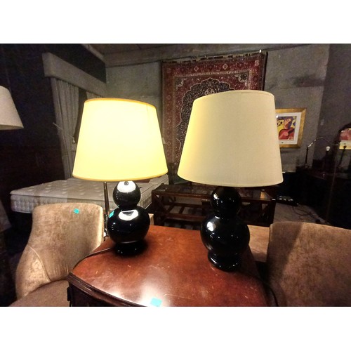 9 - Pair of Black Glass Table Lamps of Gourd Form