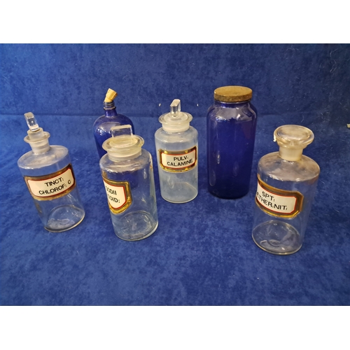 402 - Four old Chemist Jars and 2 Blue Glass Jars