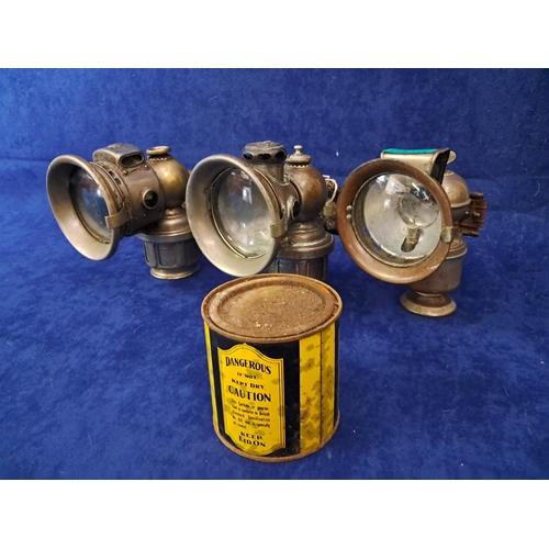 410 - Three Carbide Lamps and a Tin of Carbride