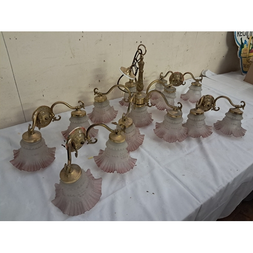 415 - Brass and Glass Branch Light Fitting and 4 matching Wall Lights (14 good Shades)