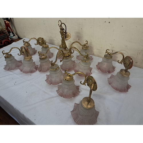 415 - Brass and Glass Branch Light Fitting and 4 matching Wall Lights (14 good Shades)