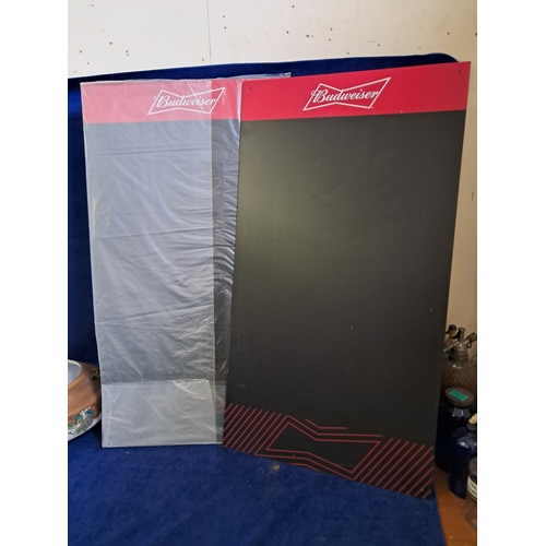 416 - Two large unused Budweiser Menu Boards (100cm x 55cm)