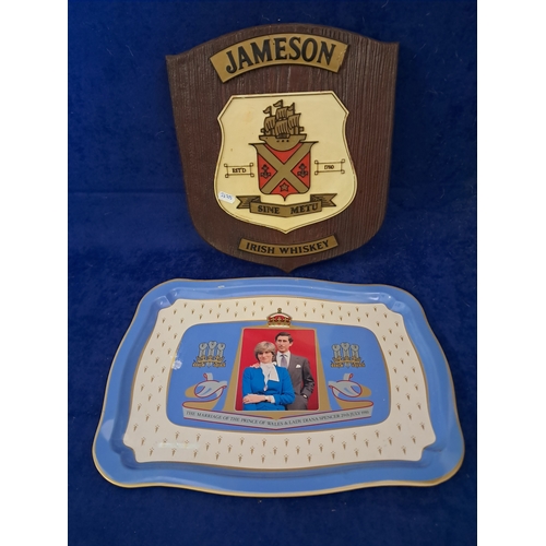 419 - Lady Diana Commemorative Drink's Tray together with a Jameson Irish Whiskey Pub Advertising Sign (35... 