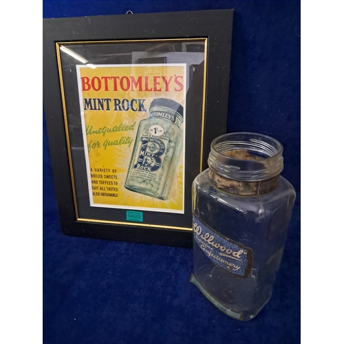 422 - Original Bottomley's Mint Rock Showcard (now framed) together with a Sweet Jar