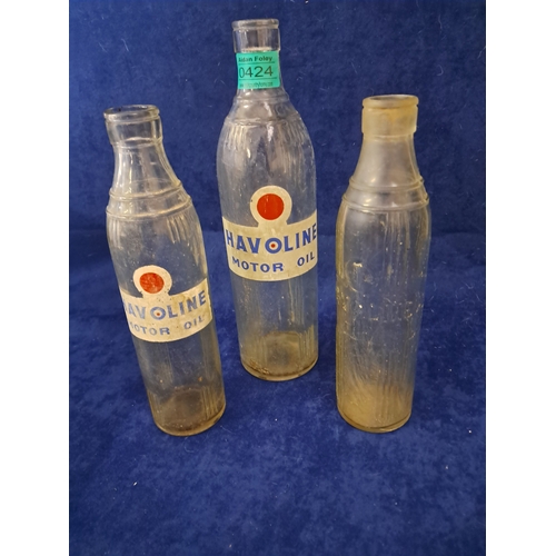 424 - Original Havoline Motor Oil Bottles - 1 Large and 2 smaller - Embossed Caltex Logo (Tallest 33cm)