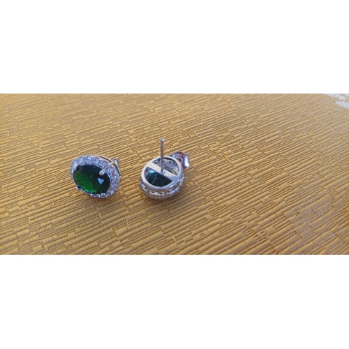 381 - Pair of Emerald Stud Silver Earrings